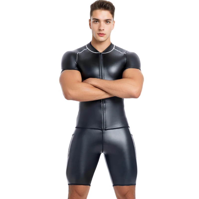 Cool guy New style Shirt Faux Leather Tops Leather Jacket Faux Leather Short Sleeve Shirt Man Body Shaper Waist Trainer Corset