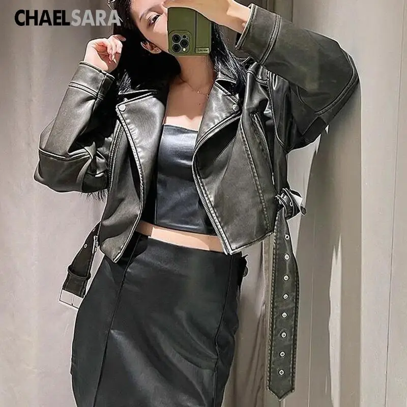 2024 Women Leather Jacket 2023 New Lapel Belt Long Sleeve Zipper Pockets Lady Short Coat Femmle Fashion Motorcycle Leather Coat