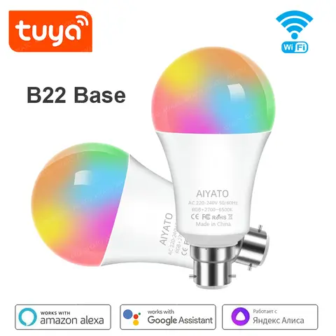 Ampoule intelligente Wi-Fi TUYA B22 (norme britannique) avec Bluetooth, LED RGB, 220V, contrôle vocal Alexa Google Assistant, programmation et gestion de groupe via application