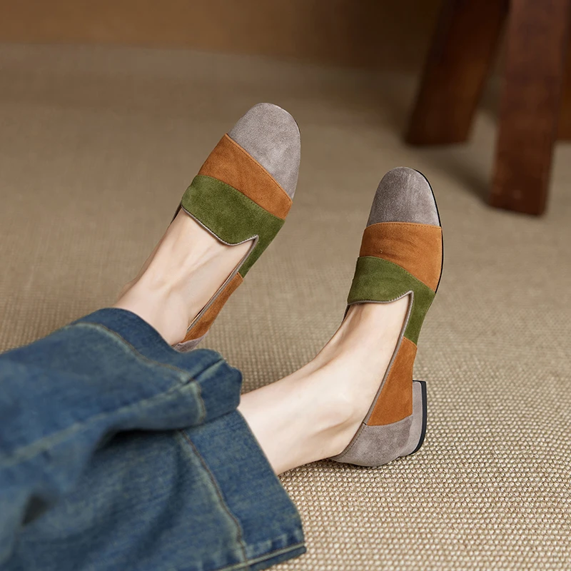 2026 new spring autumn women pumps natural leather plus size 22-25cm kid suede+cowhide+pigskin mixed color loafers women shoes view 3