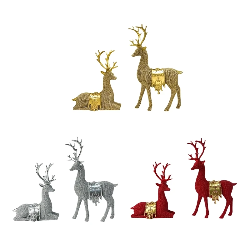 Christmas Resins Reindeer 2Pieces Figurines Ornaments Festival Deer Elk Standing Sitting Sculpture for Home and Office