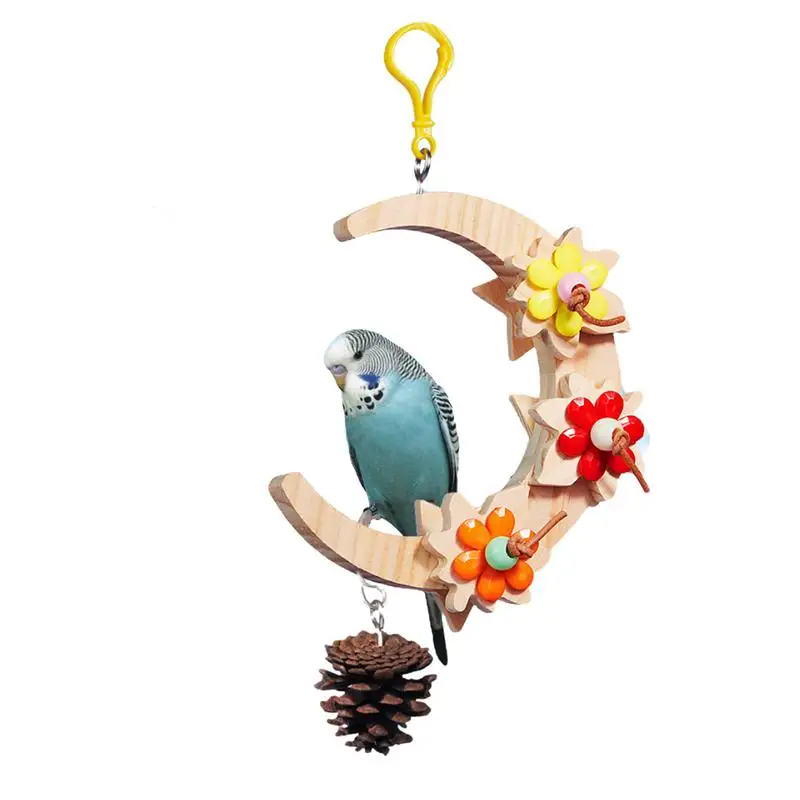 Parrot Swing Bird Wooden Swing Foraging Toys Interactive Bird Cage Accessories Moon Ring Birdcage Decorations Hammock