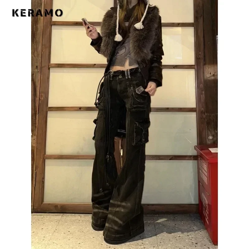 Women Street Tassels Y2K Slim Fit High Waisted Jeans 2024 Winter Sheath Pants Women Vintage Sheath Hotsweet Black Denim Trouser