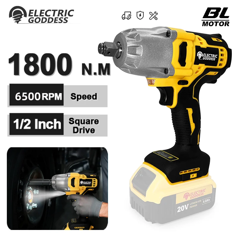 

Электрический ударный гайковерт с высоким крутящим моментом 1800 Нм, бесщеточный беспроводной многофункциональный гаечный ключ, электроинструмент для аккумуляторного штифта Dewalt 20 В