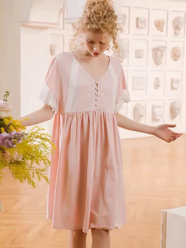 2019 Summer White Cotton Sweet Women\'s Nightgowns Soft Loose Sleepwear Elegant Vintage Princess Lace Night Dress 19523