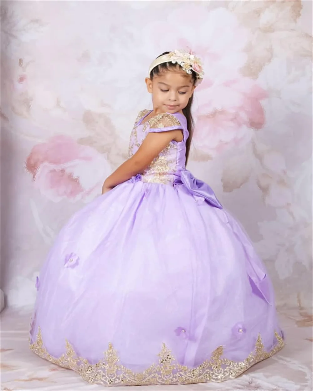 Light Purple Flower Girl Dress Gold Lace Appliqué Back Frenulum Bow Wedding Prom Party Princess Kids Baby Sacrament Dress