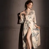 Silk Satin Chinese Style Women's Sleepwear Long Thin Summer Ice Silk Robe Morning Coat Spring Autumn New Vintage Feelings