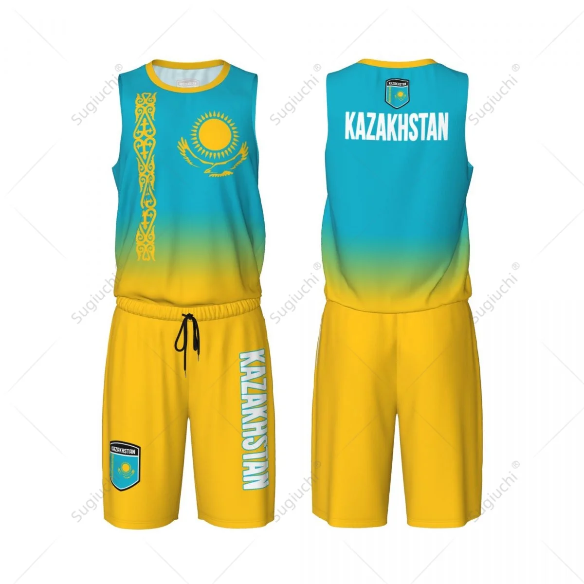 Men Kazakhstan Flag Basketball Jersey Set Mesh Shirt & Pants Sleeveless Exclusive Team-up Custom Name Nunber Unisex