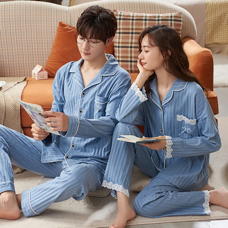 Cotton PJ Men\'s Sleepwear Adult Cardigan Pajamas for Couple Sleep Lounge Nightwear Mujer Women Pijamas Long Sleeves men pajamas