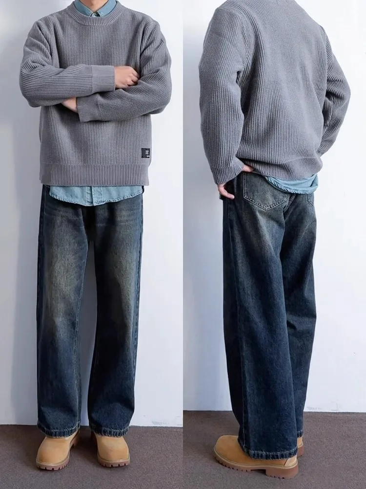 

Американские винтажные темно-синие широкие мужские джинсы на подкладке с начесом Cleanfit, узкие прямые брюки-трубы, повседневная молодежная одежда