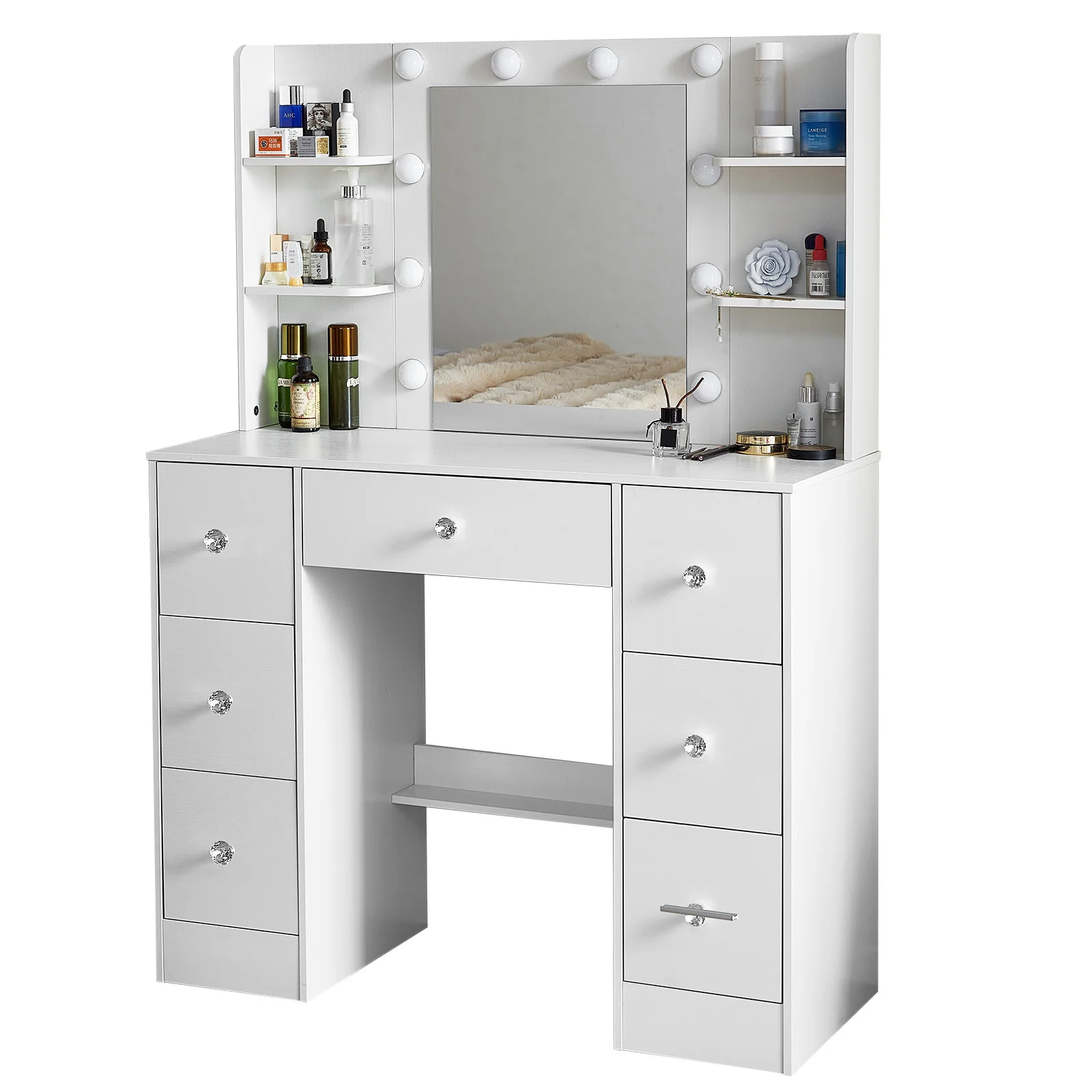 White Makeup Vanity Table with Hollywood LED Bulb Mirror, 7 Drawers Dressing Table, Crystal Knobs Bedroom Cosmetic Dresser with Open Storage Shelves