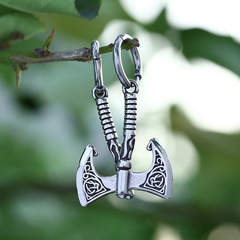 One Set Vintage Ax Fashion Weapon Earrings Nordic Men Teen Stainless Steel Odin Ax Raven Jewelry Stud Earrings Personality Gift