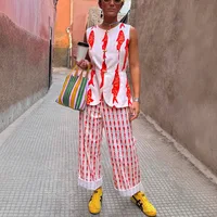 Summer Women Cartoon Red Fish Print O Neck Tank Top And Straight Female Long Pants Short Sleeve Shirt Wide Leg Pant 2 Piece Sets - Image 4
