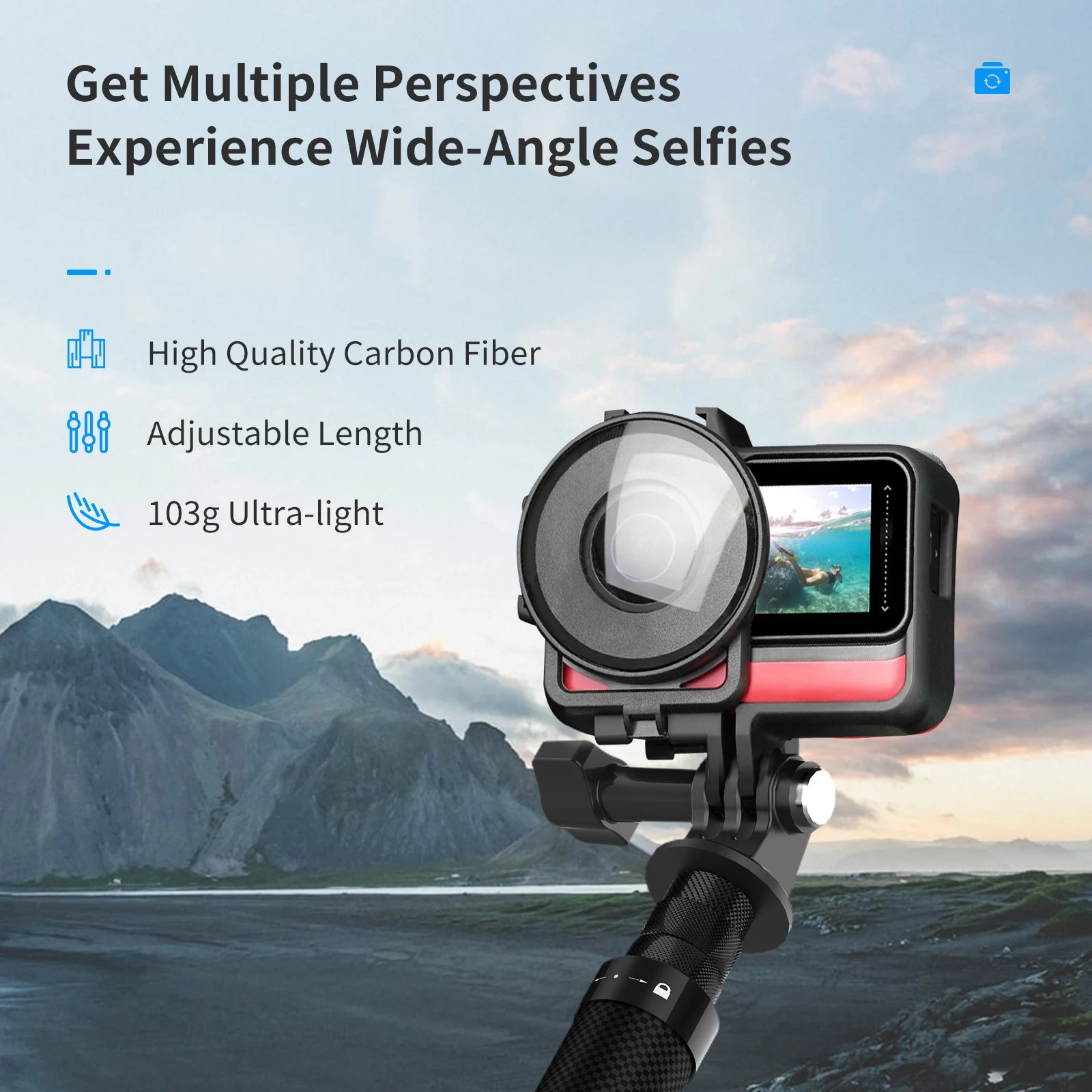 TELESIN 116cm Carbon Fiber Monopod Selfie Stick Extendable with1/4Screw Compatible with GoPro Hero Insta360 Osmo Action Cameras