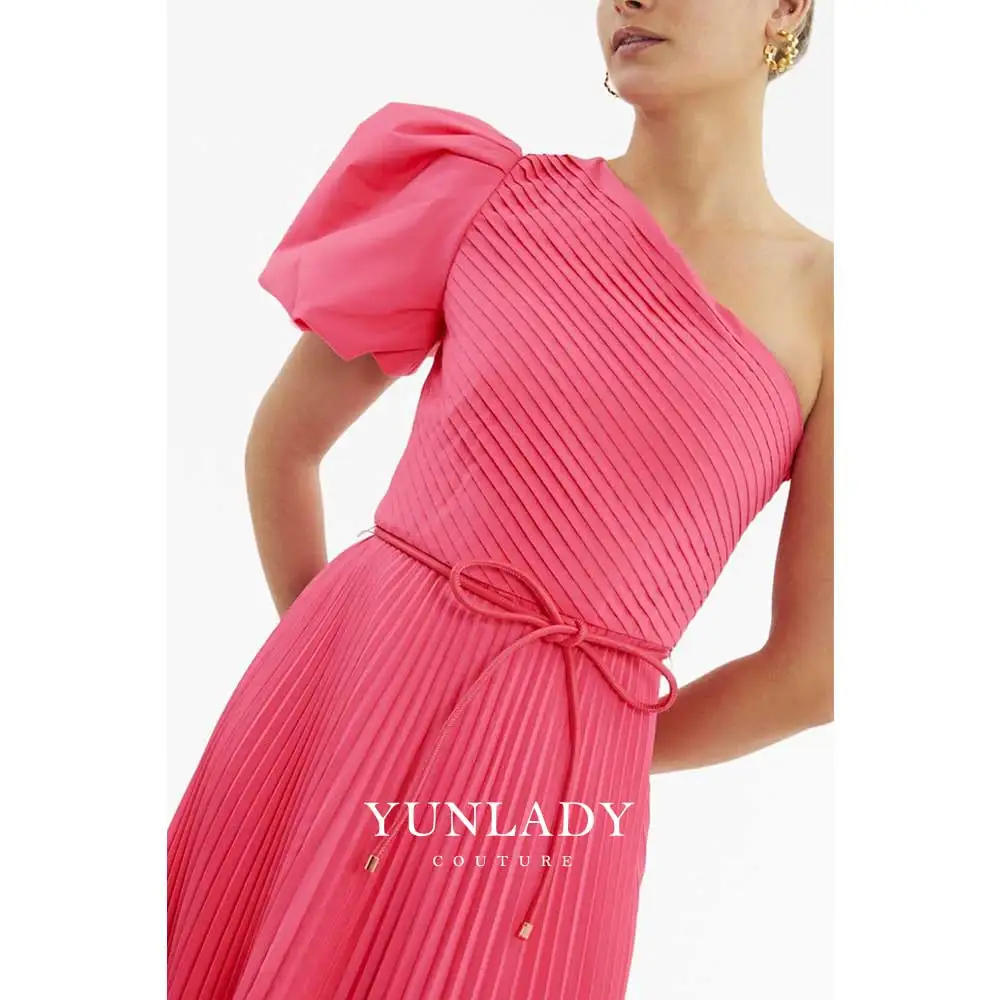 

YUNLAN Pink One Shoulder Sleeve Pleated Draped A-line Gown Dubai Wedding Guest Midi Dress Bridesmaid Dress Flower Girl Dress