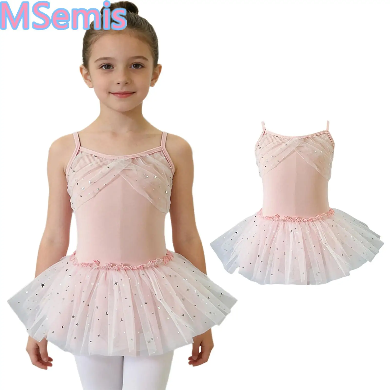 Kids Girls Dance Ballet Practice Training Dress Dancewear Spaghetti-strap Ruched Bodice Sequin Tulle Dress with Built-in Briefs