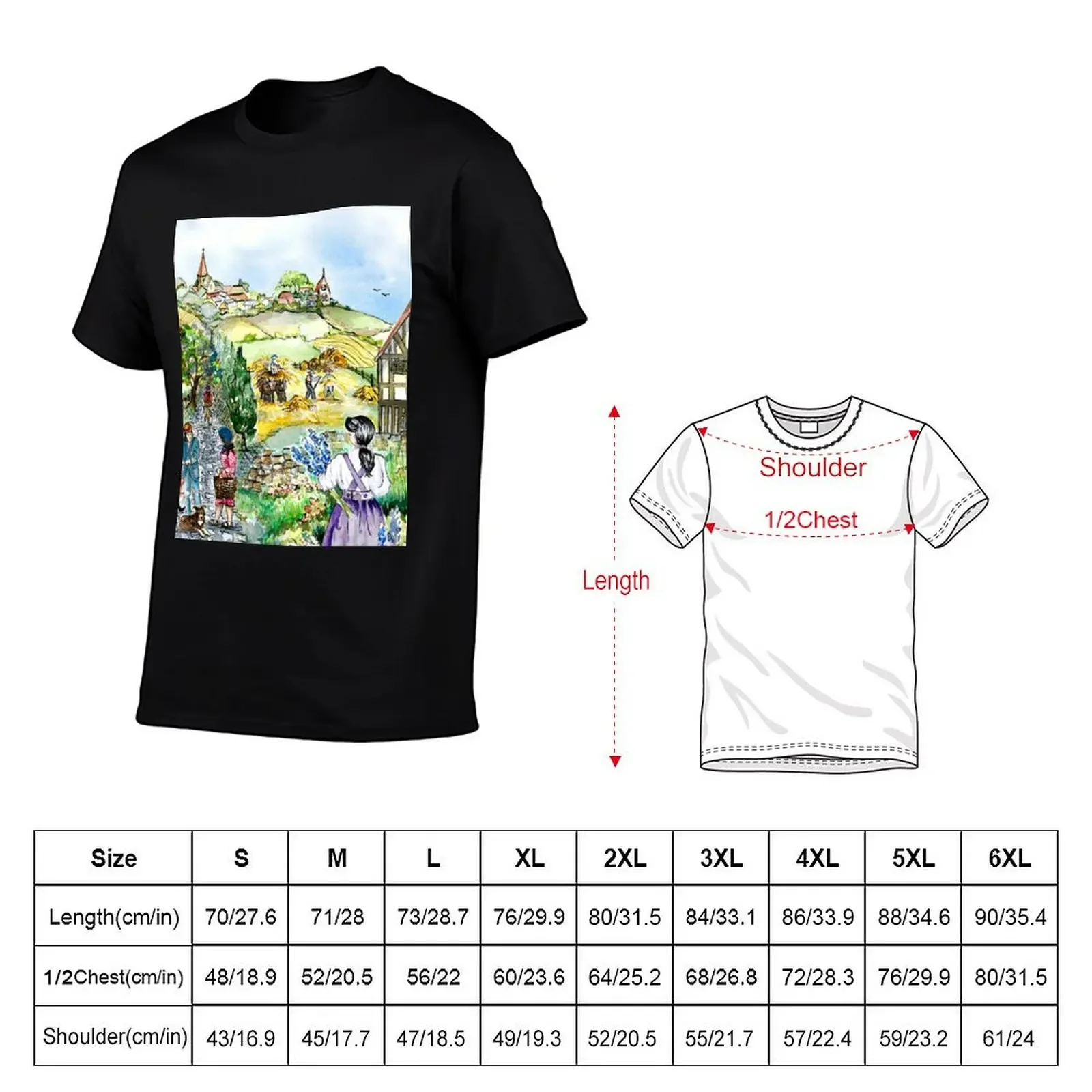 European Village Watercolor Sketch T-Shirt oversized heavyweights t shirt men