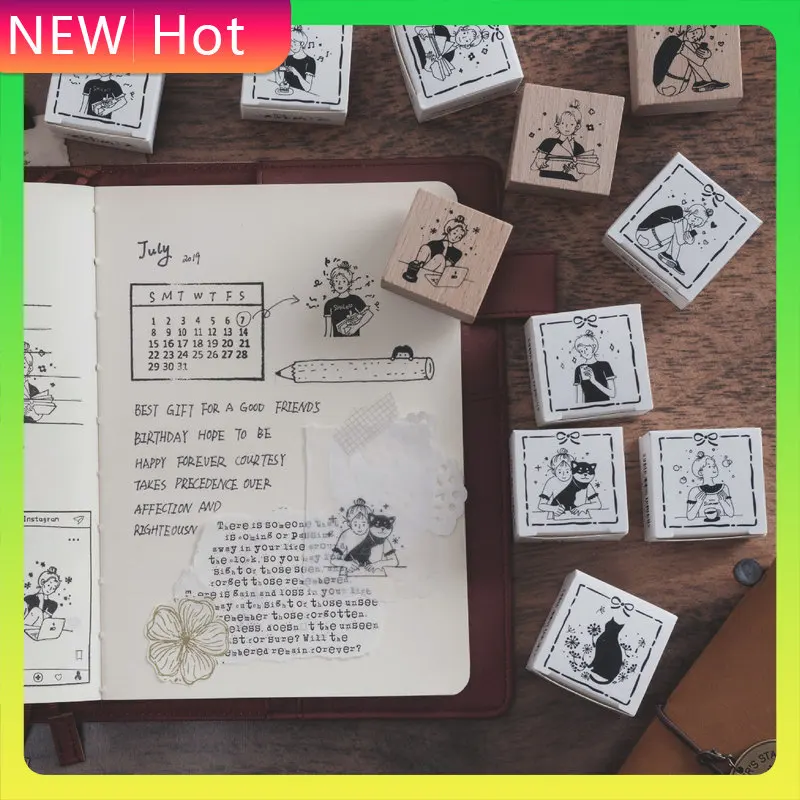 

Cute Cartoon Daily Character Cat Raising Wooden Seal Set Diy Scrapbook Album Card Making Rubber Seal Decoration Diary Toy Gift