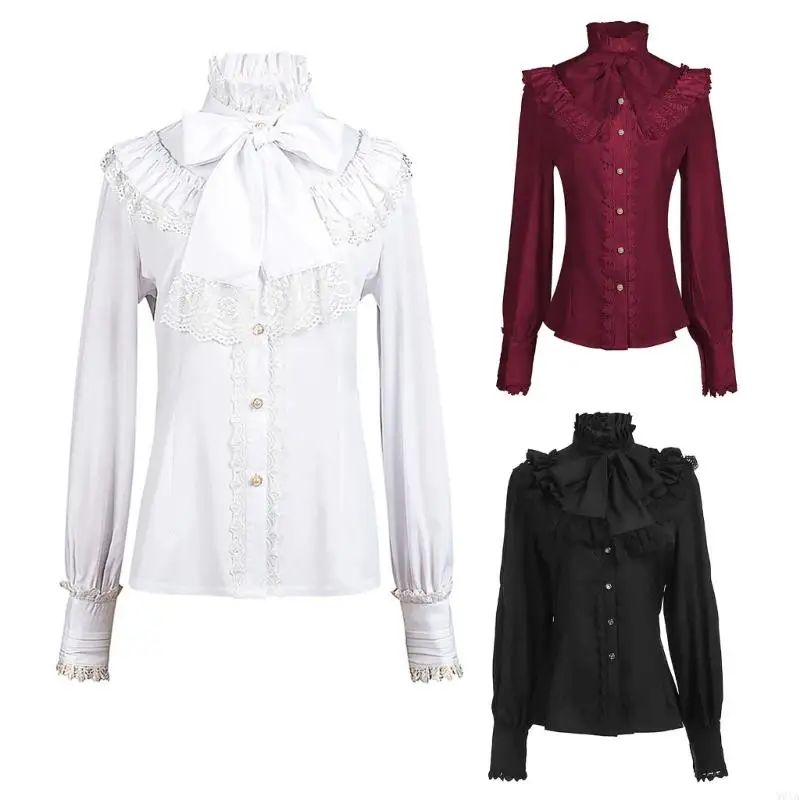 

W0YA Steampunk Victorian Bows Tie Neck Blouse with Ruffle Lace Stand Collar Medieval Clothing Long Sleeve Shirt for Women