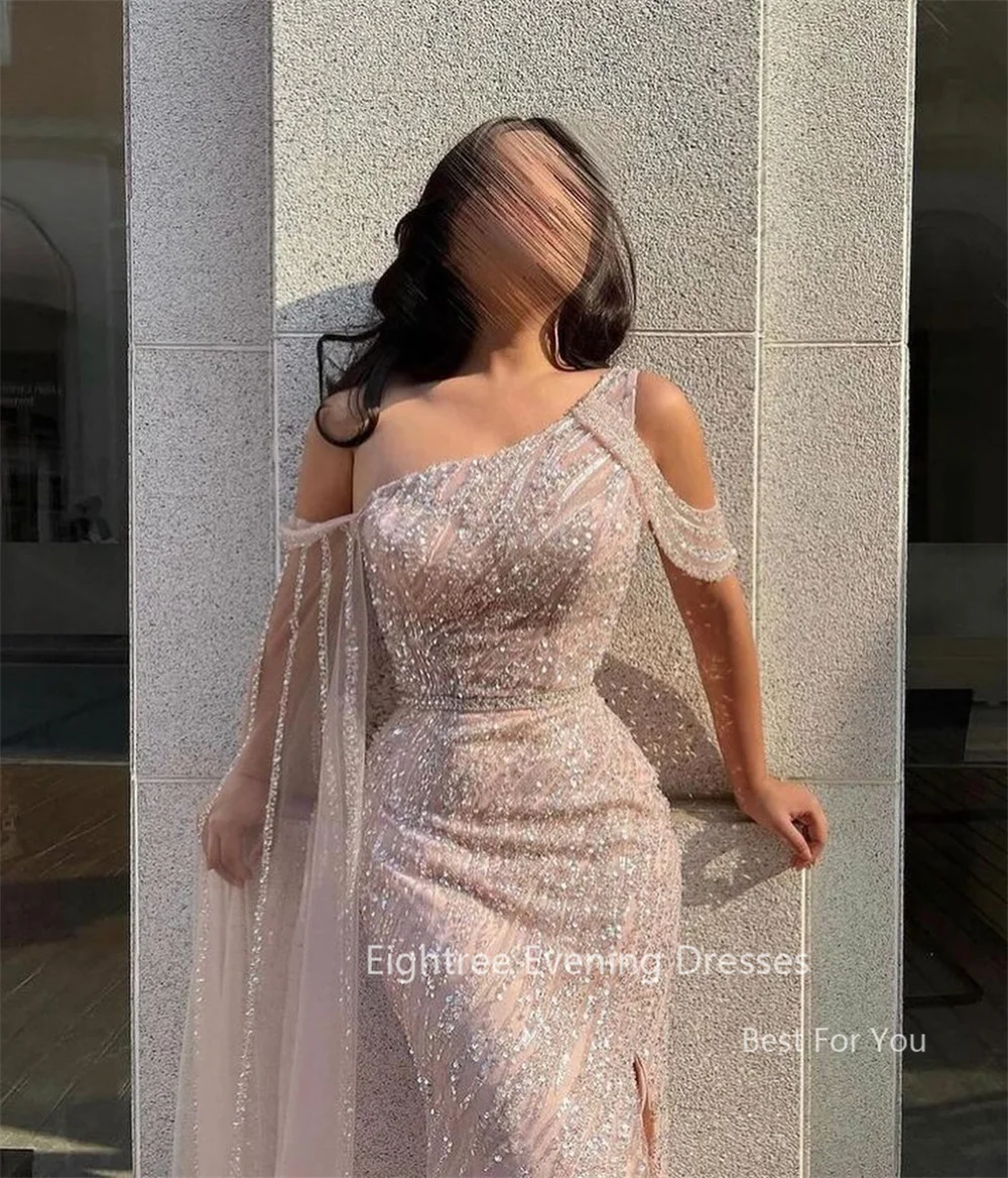 Eightree Sexy Pink Mermaid Evening Dress Shiny Sequined High Slit Party Dress One Shoulder Long Cape Formal Dress Customized