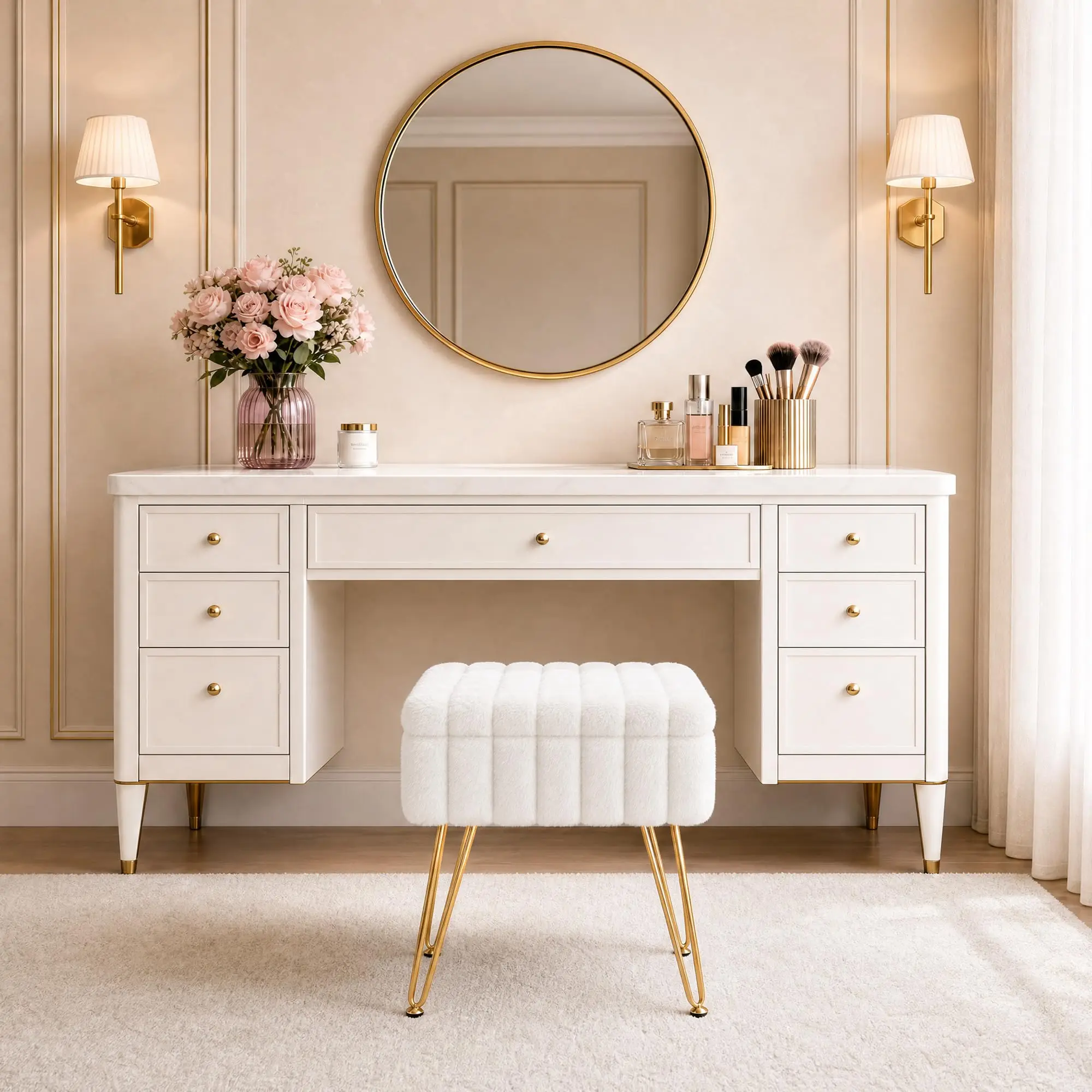 Vanity Stool With Storage, Faux Fur Ottoman With Gold Metal Legs, Soft Padded Makeup Seat Foot Rest For Bedroom Living Room