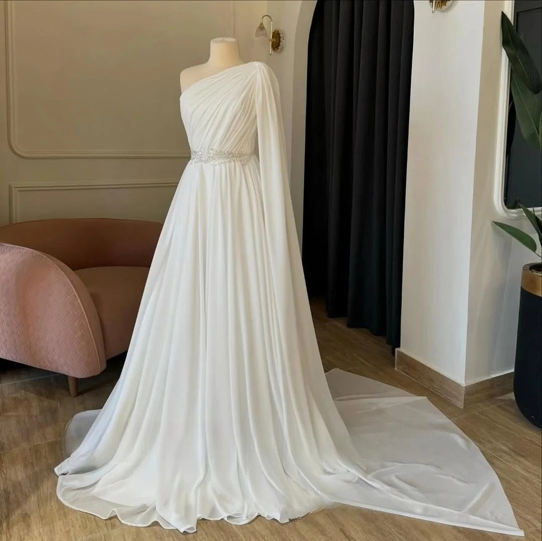 A-line Chiffon Wedding Dresses One Shoulder Beading Bridal Dress 2025 Long Wedding Gown Robe De Mairee ﻿Customized