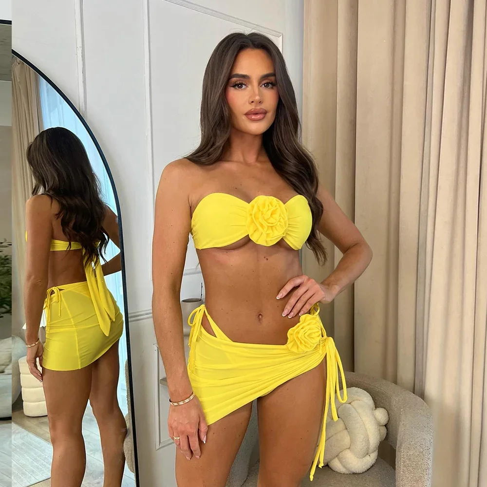 

Женский комплект из трех предметов с цветочным принтом на шнуровке 2024, бюстгальтер с мягкой подкладкой пуш-ап, красный комплект бикини, купальник, купальный костюм, пляжная одежда, женский бикини