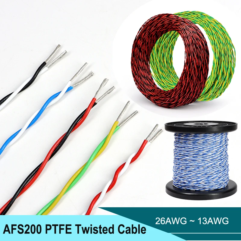 1/2/5m AFS200 2pin PTFE Twisted Cable 26/25/24/22/20/18/17/15/13 AWG High Temperature Resistant FEP Insulated Tinned Copper Wire