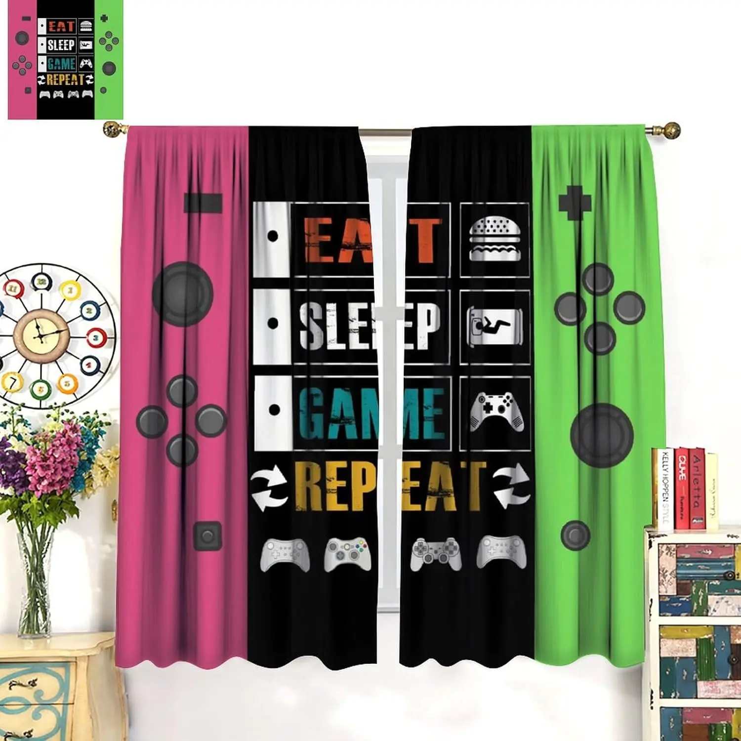 Kids Vintage Game Controller Curtains for Bedroom, Gaming Gamepad Window Treatment Gamer Room Red Green Gamepad Window Drapes