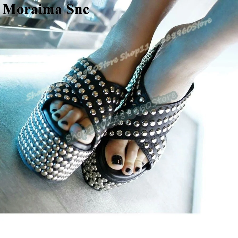 

Black Round Metal Rivets Cross Strap Half Slippers Wedges Heel Shoes For Women Slip On Open Toe Occidental Style Casual Slippers