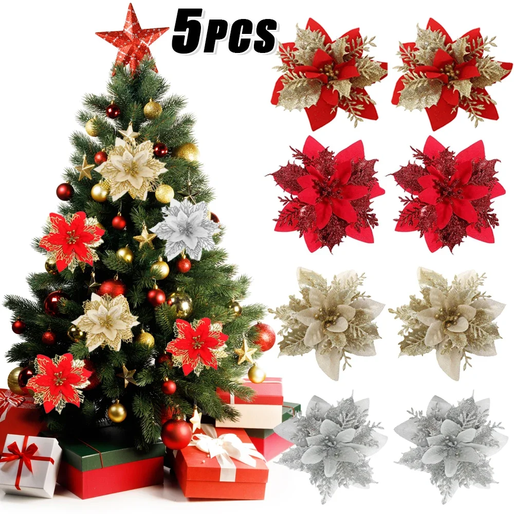 5/1Pcs Christmas Glitter Artificial Flowers DIY Christmas Tree Hanging Ornaments Fake Flower For Xmas New Year Party Decor Gifts