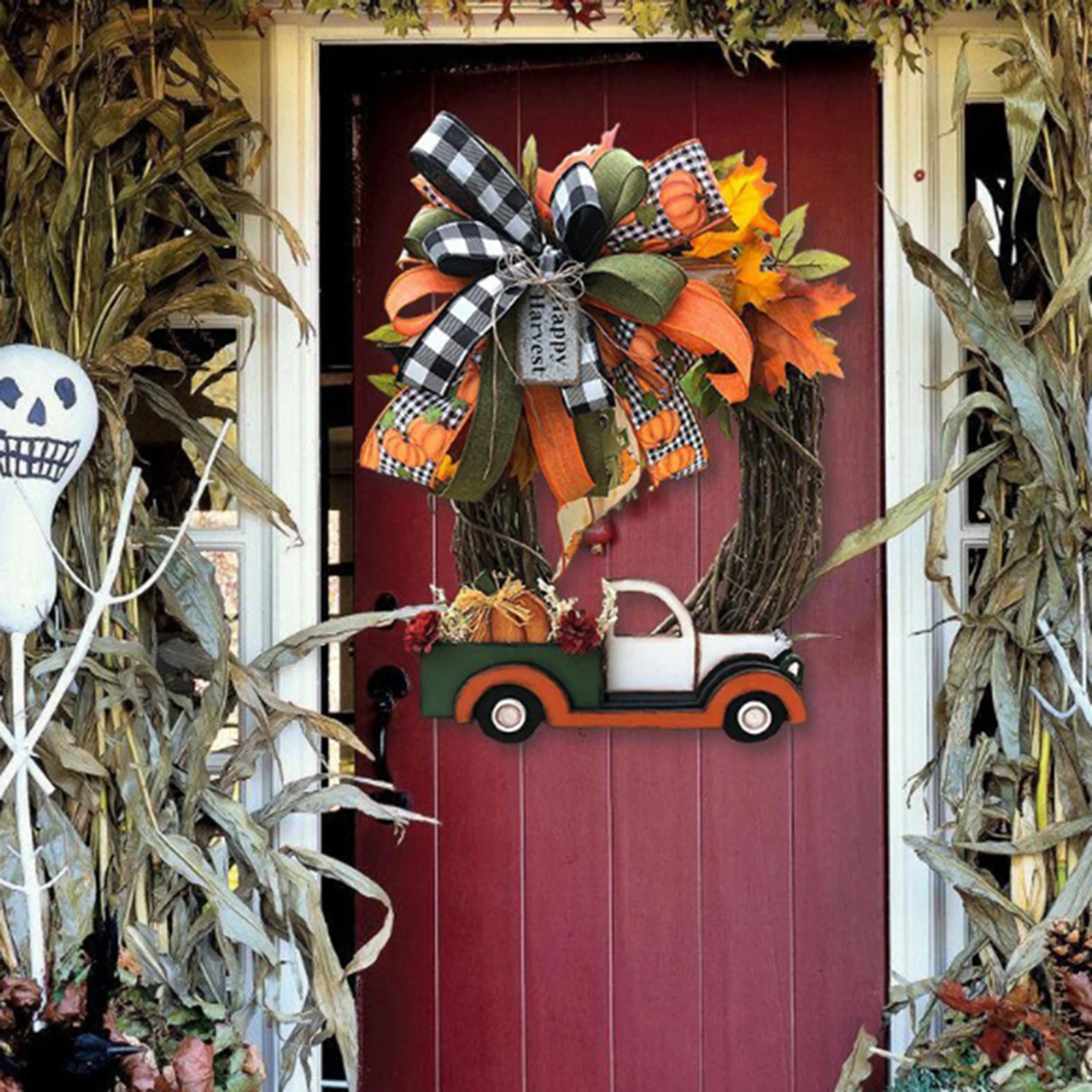 

Christmas Farmhouse Pumpkin Cart Wreath Garland Front Door Xmas Decor Halloween Christmas Home Christmas Home Door Decoration