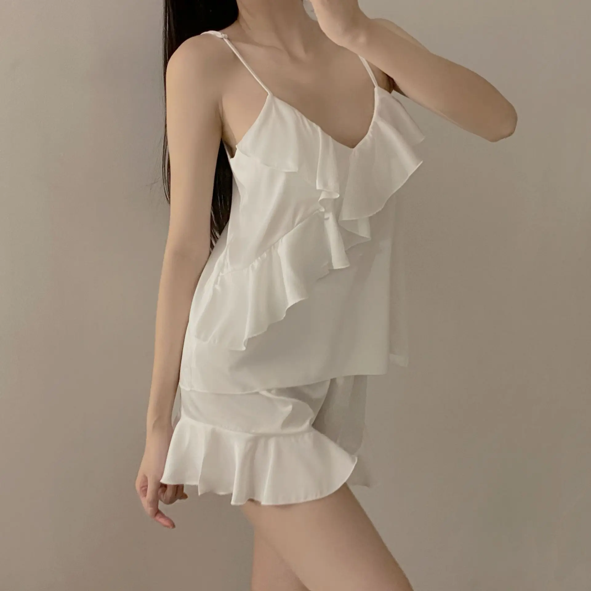 Ice silk pajamas women's summer sexy suspender shorts pajamas two-piece set with chest pad pure desire pajamas