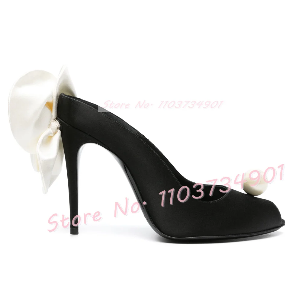 Pearl Peep Toe Black Satin Pumps With White Flower Women Classy Wedding Stiletto High Heels Shoes Ladies Party 2024 New Mules