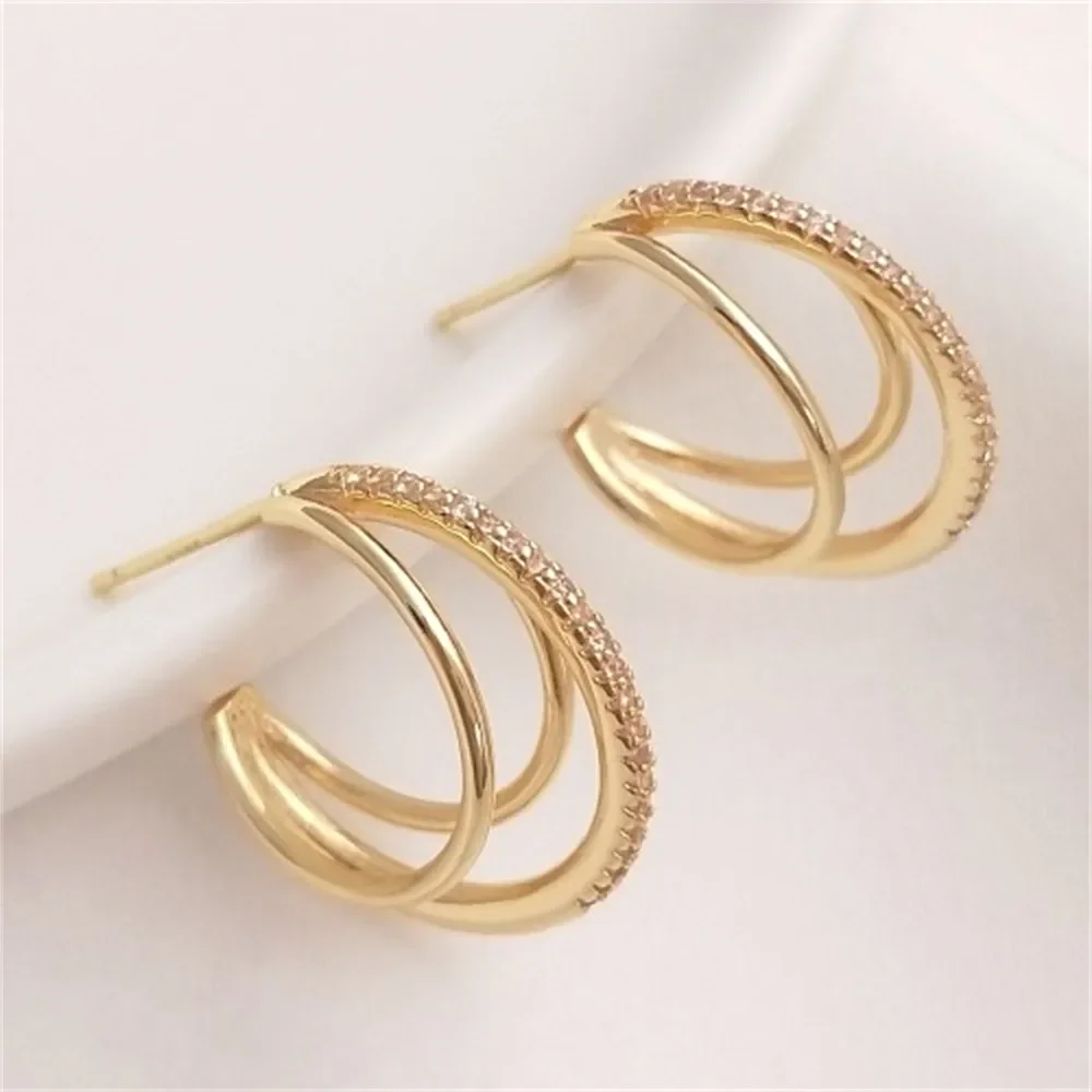 

S925 Silver Needle 14K Package Gold Three Ring C-shaped Zircon Earrings Ring Earrings Fashionable and Trendy Korean Style E097