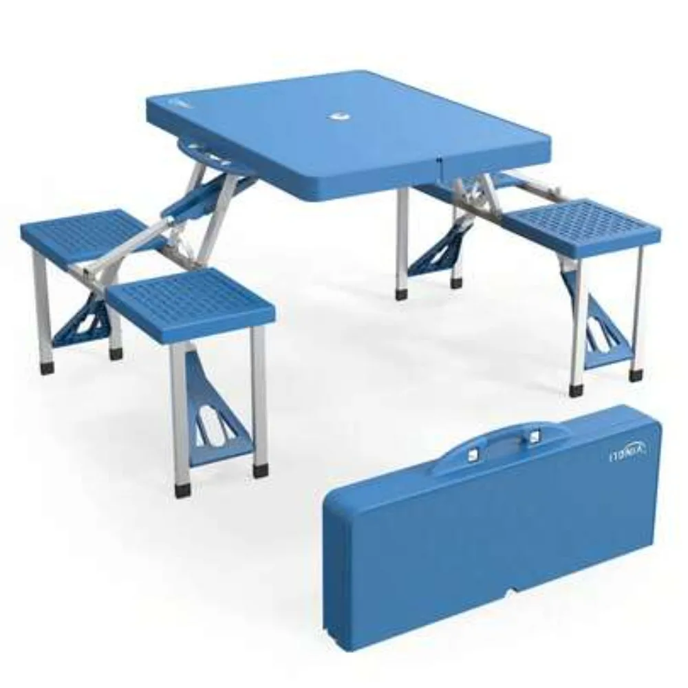 4 Ft Folding Camping Picnic Table Set with 4 Seats, Umbrella Hole, Aluminum Frame, 220 Lbs Capacity, Portable Suitcase Design, Plastic Tabletop for BBQ, Travel, Outdoor Gathering - view 7