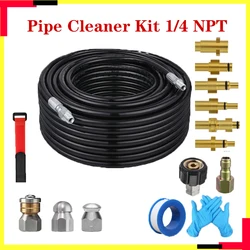 Drenar Água Mangueira de Limpeza Tubo Kit Limpador, Rotativo Esgoto Jato Bico para Karcher Lavor Carwash, 1-30m, 1/4 Botão NPT