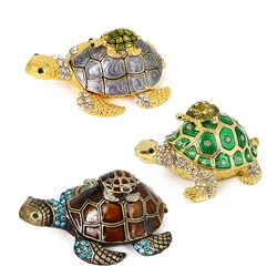 Crystals Bejeweled Turtle Trinket Box Hinged Enameled Mother-Child Tortoise Animal Figurine Jewelry Ring Holder Box Home Decor