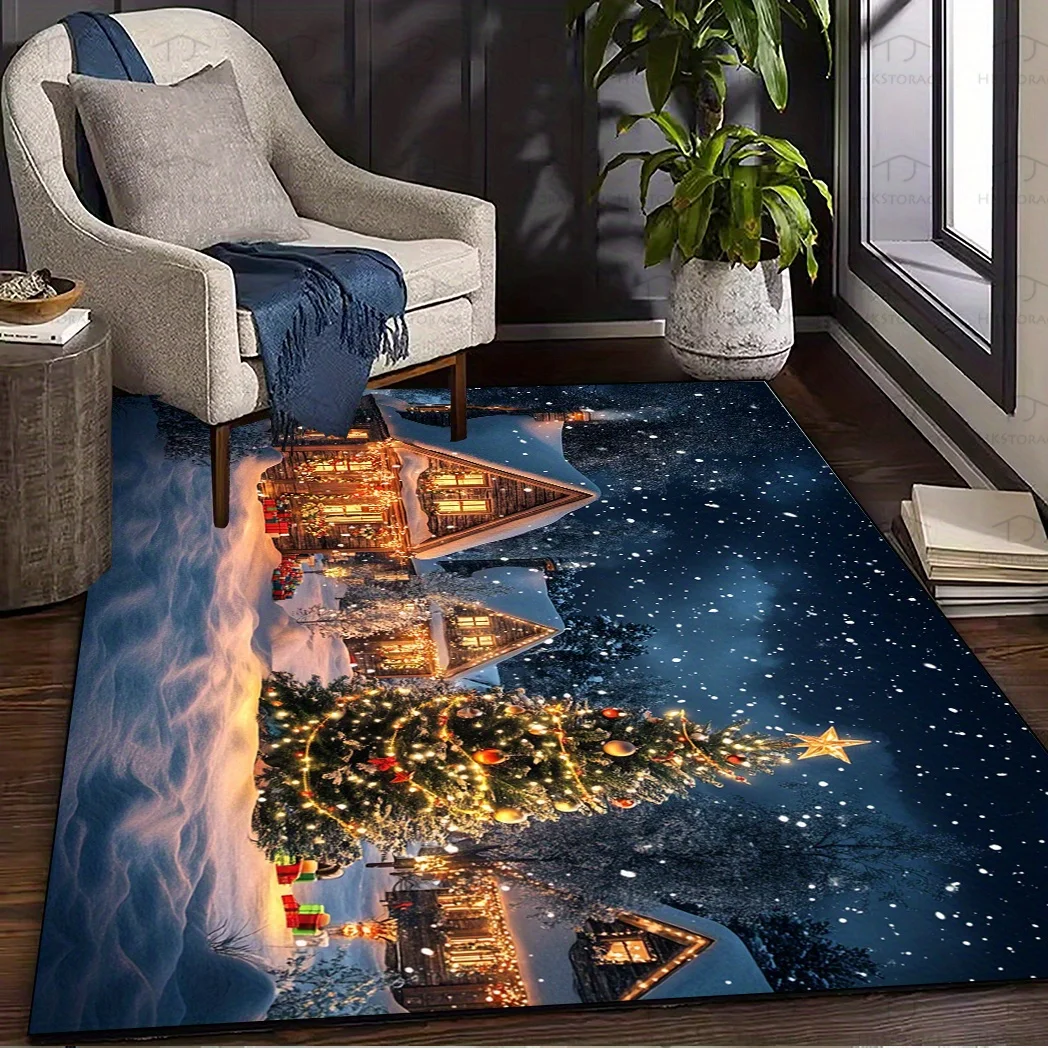 VIKAMA Christmas Snow Night Carpet Christmas Tree Snow Scene Cottage Living Room Bedroom Holiday Decorations
