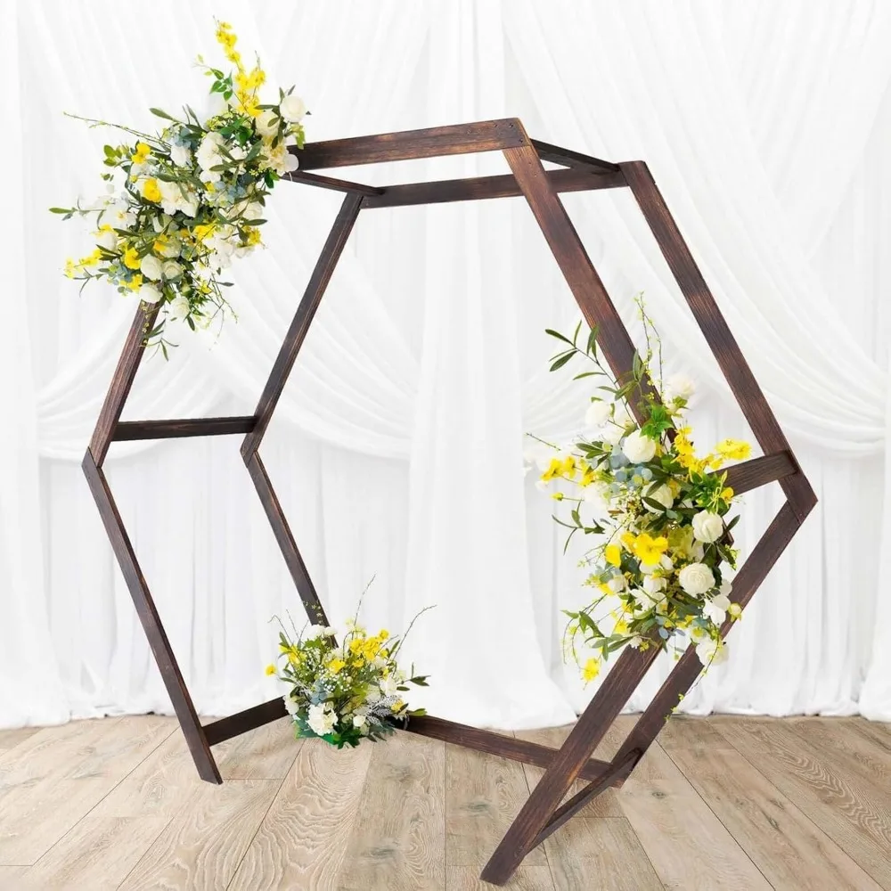 7FT Rustic Elegant Hexagonal Wooden Backdrop Stand | Heavy Duty Dark Brown Double Sided Wedding Arch Stand  balloon arch