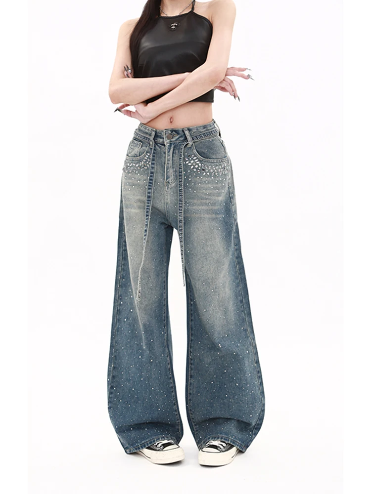 Jean Vintage dégradé diamants Y2k pour femmes, taille haute, Baggy, pantalon en Denim Harajuku, Grunge, Streetwear, pantalon rétro américain