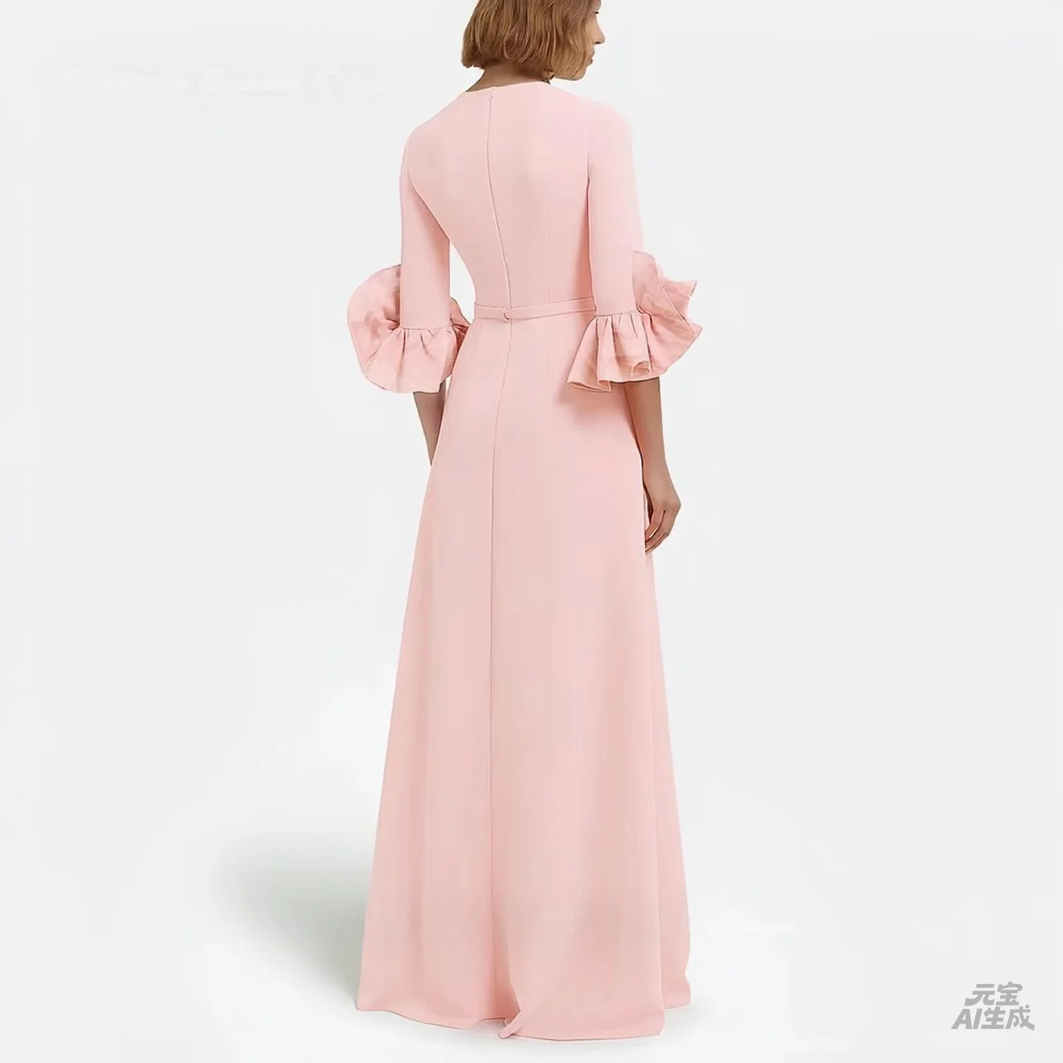 Customized Long Evening Gown Pink 3/4 Sleeves Pleated Beading Belt A-line Formal Event Dresses Banquet Dinner Party Gown2026