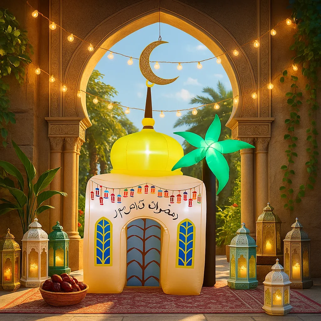 

7.8FT Ramadan Kareem Mosque Inflatable Decor Yellow Dome Green Palm Tree Islamic Decorative Supplie Ramadan Inflatable For Yard