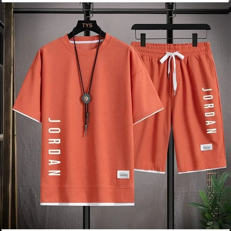 2025 summer fashion loose short sleeve casual T-shirt + shorts two-piece men's breathable fast drying fitness jogging suit