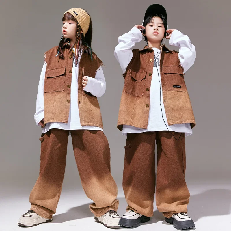 

Kids Hip Hop Clothes Sets Gradient Denim Vest + Loose Pants Jeans Kids Boys Street Dance Costume Girls Jazz Performance Suit