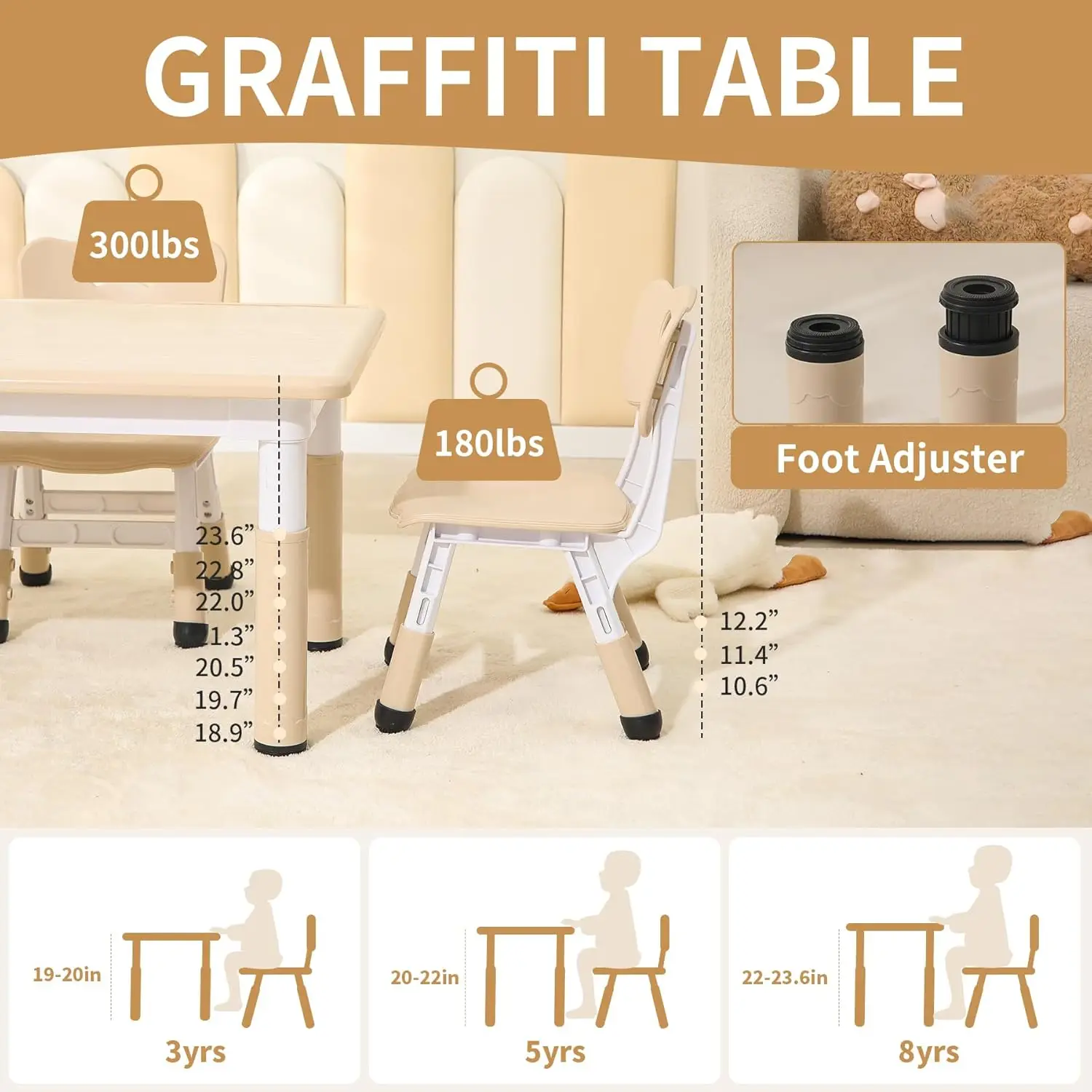 Conjunto de mesa infantil e 4 cadeiras, conjunto de mesa e cadeiras para crianças com altura ajustável, mesa de atividades infantis graffiti para idades de 2 anos