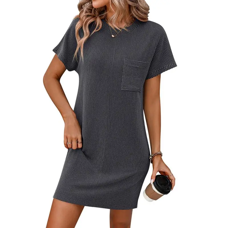 2024 New Fashion Brand Fashion Women's Top Ins Summer Casual Color Contrast Twist Striped Short-sleeve Pocket T-shirt Dress