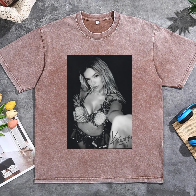 Karol G Tropicoqueta T-Shirt Latin Music Reggaeton Graphic Tee Bichota Streetwear Vintage Washed Round Neck Printed Tshirts
