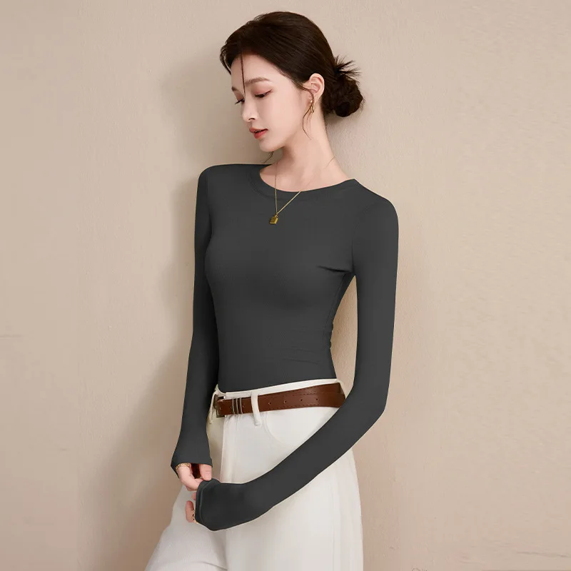 Round Neck Shoulder Long Sleeved Base Shirt for Women 2025 New Autumn Outfit, Slim Fit and Slimming, Inner Top T-shirt