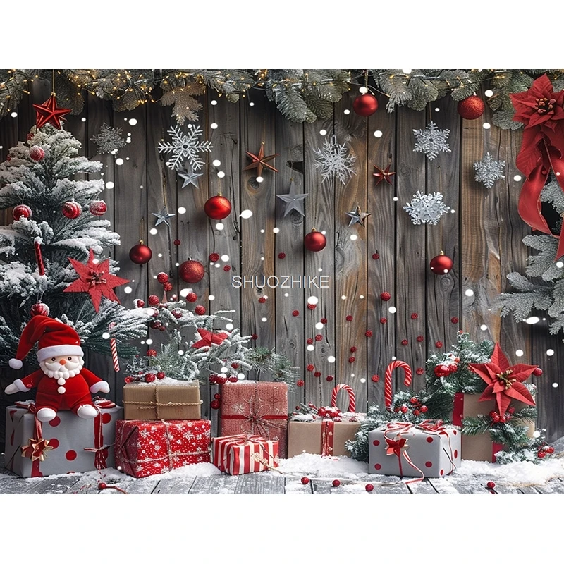 عيد الميلاد يوم خلفيات للتصوير الفوتوغرافي الدعامة الموقد نافذة الشتاء شجرة عيد الميلاد الديكور زهرة جارلاند الخشب الباب خلفية JU-04